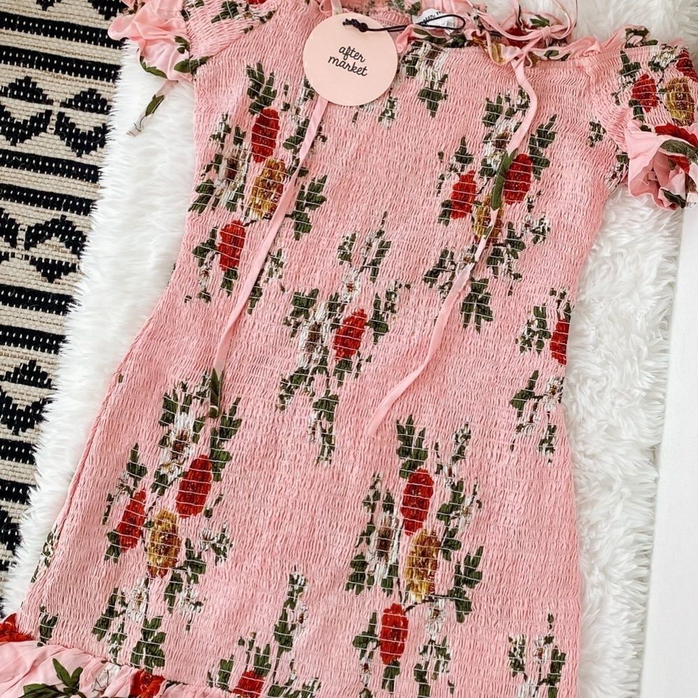 Pink Floral Print Smocked Dress, M